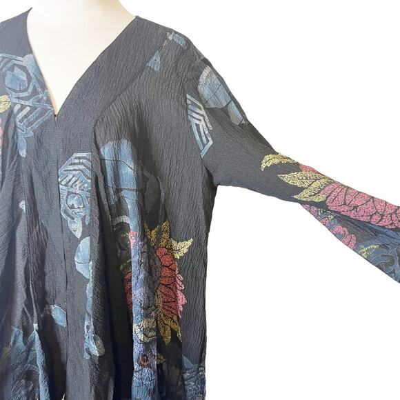 Citron Santa Monica silk draped texturized floral blouse asymmetrical sz L - Picture 2 of 7